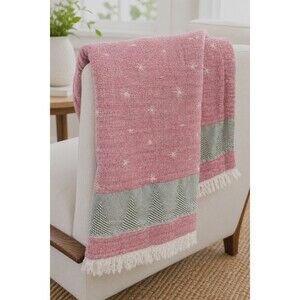 PISCATEXTIL Pink Green Textured Throw Blanket Tassel Fringe 68x47 Boho